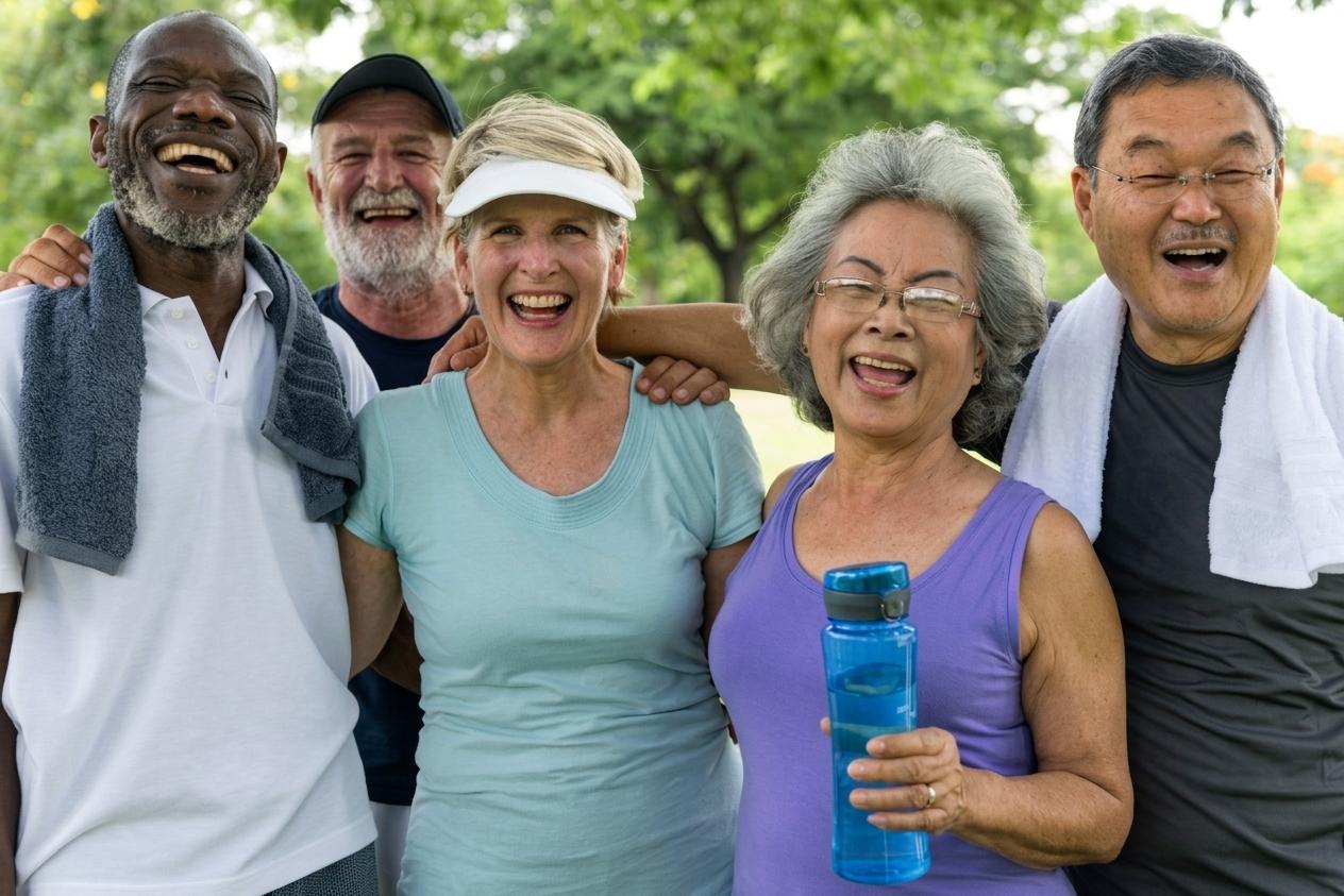 Diverse group of adults outdoors staying active together